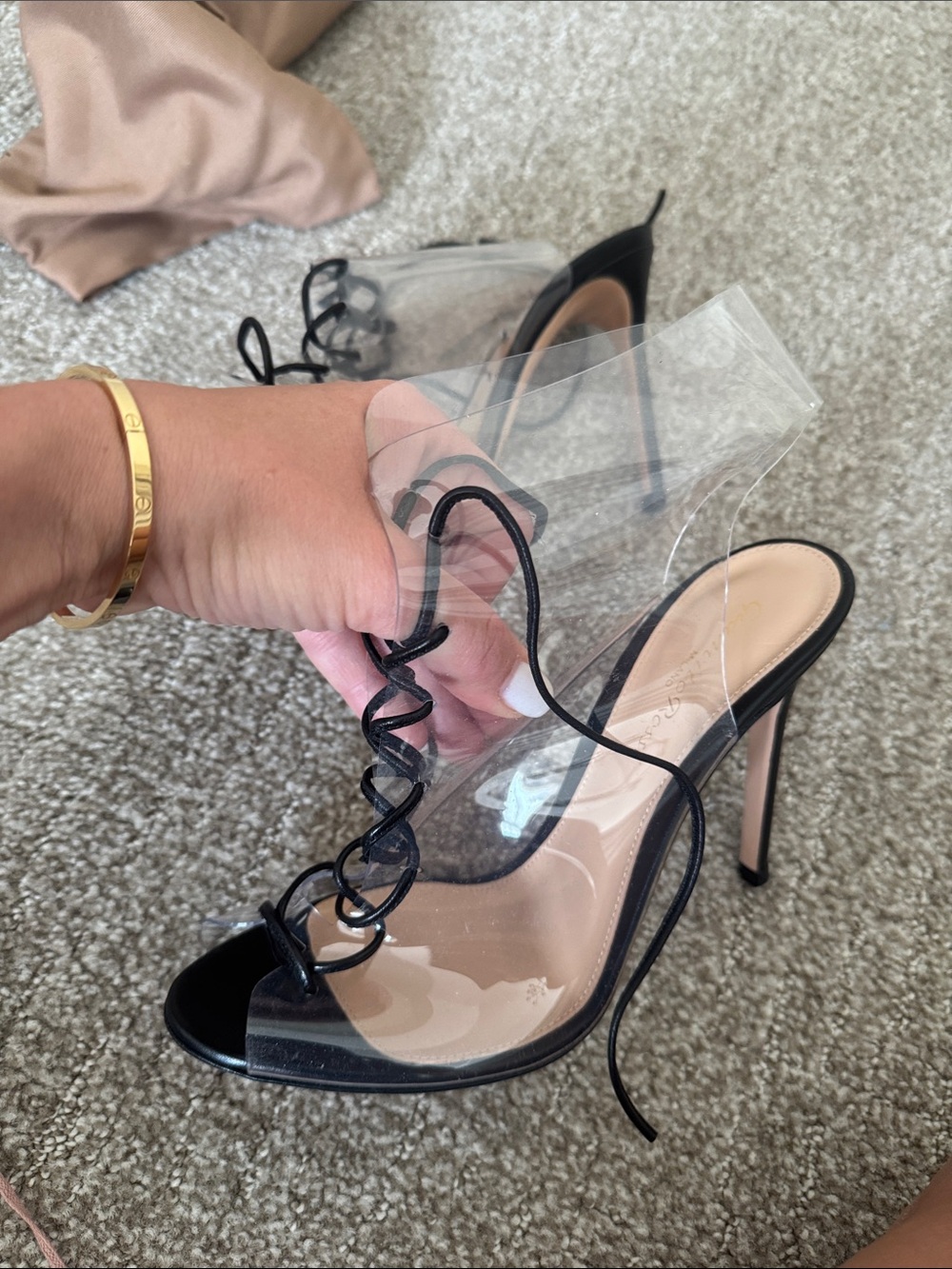 Gianvito Rossi Clear PVC Lace-Up Stiletto Sandals with Black Trim